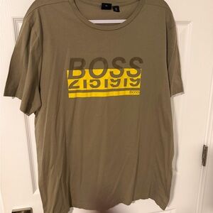 Boss Men's Olive Tee with Vibrant Yellow Graphic